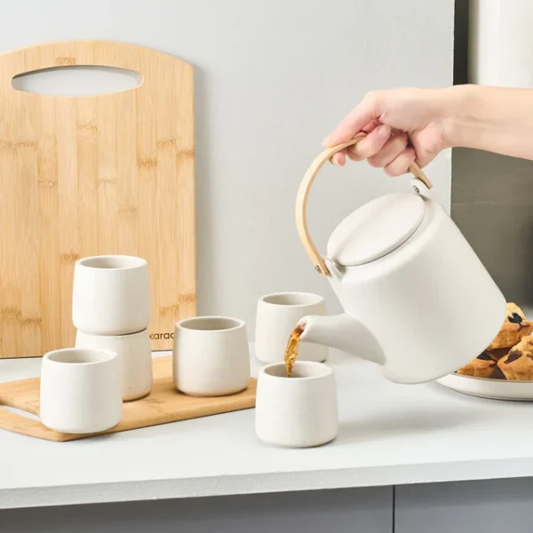 Yuuki 7-Piece Ceramic Tea Cup Set for 6 People, Beige - Image 6